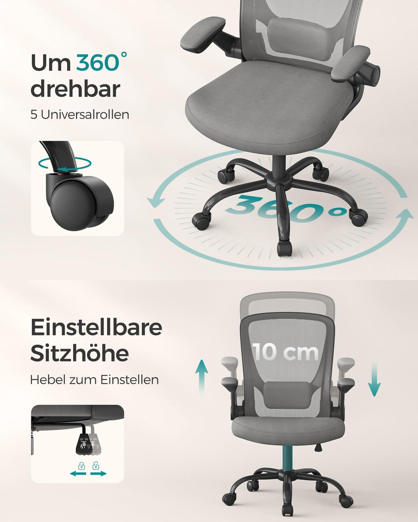 SONGMICS ergonomic office chair, swivel chair with mesh, lumbar support, rocker function, 53 cm seat, folding armrests, study and bedroom, students, dove gray OBN037G01