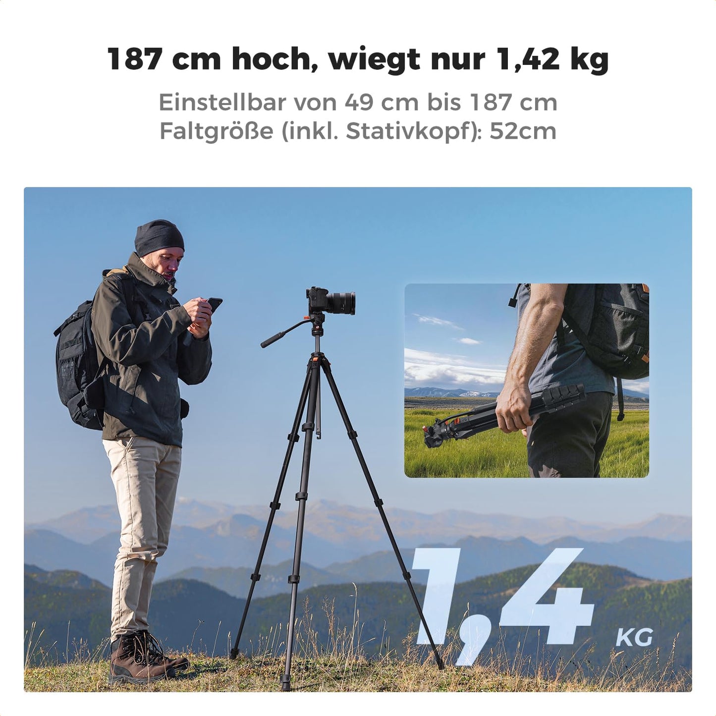 K&F CONCEPT tripod camera with fluid head, gentle pan/tilt for DSLR, mirrorless cameras and camcorders, 230cm aluminum tripod with 90 degree center column, for live streaming, vlogging and spotting scopes - KF09.172