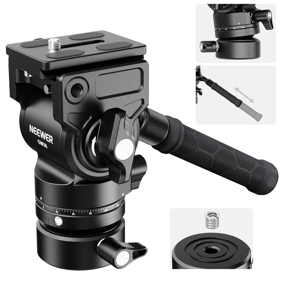 NEEWER Videostativ Fluidkopf cu bază de nivelare +/-7° (φ48mm), mini cap de înclinare și panoramare din metal cu placă Arca QR, mâner telescopic pentru cameră video compactă DSLR, capacitate maximă de încărcare 5kg GM35
