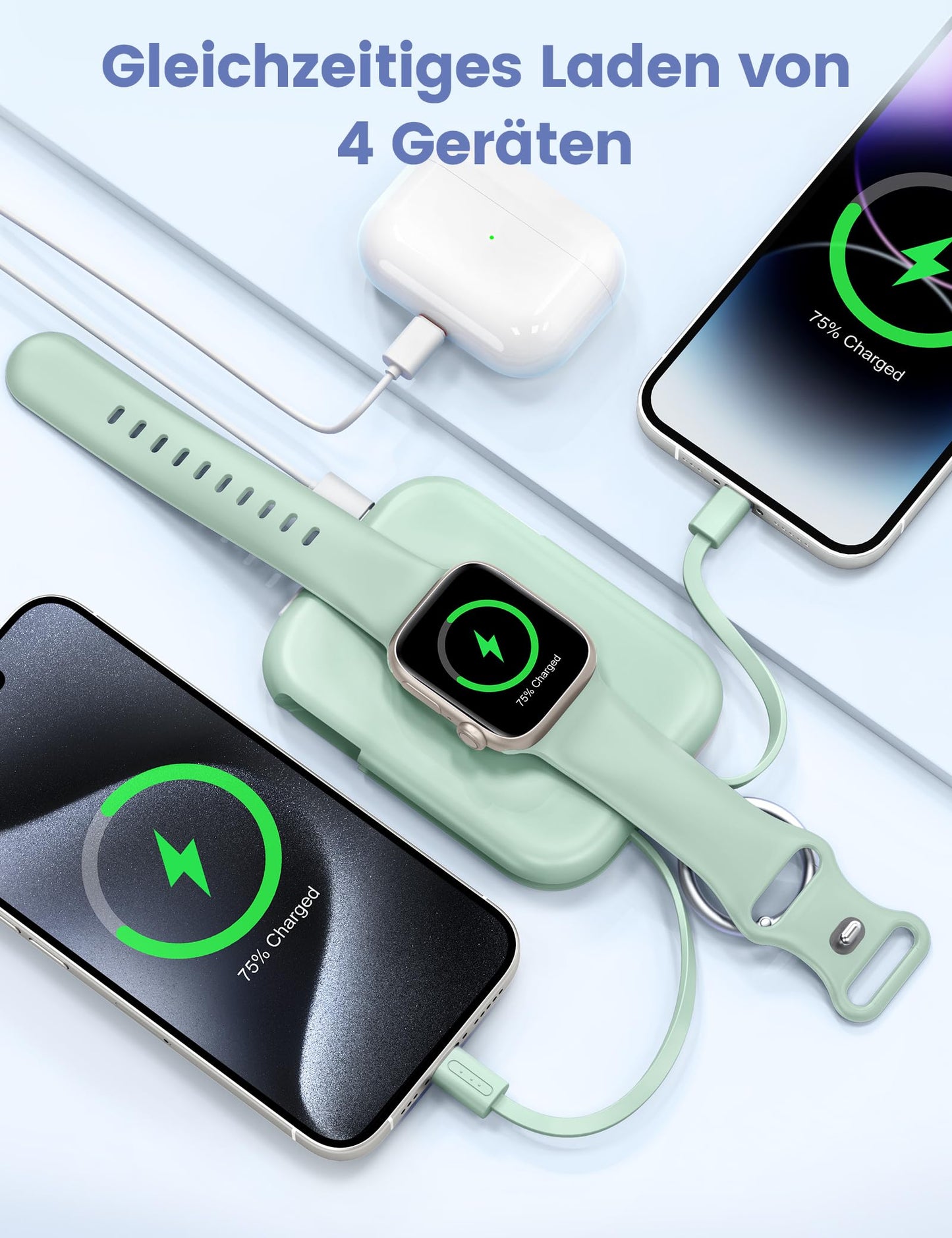 RORRY Power Bank, 5000mAh Power Bank with Integrated Cable, Travel Portable Charger Key Ring External Mobile Phone Batteries for iPhone 17/16/15/14/13/12, Apple Watch Ultra/11/10/9/8/7/6/SE, Green - D2