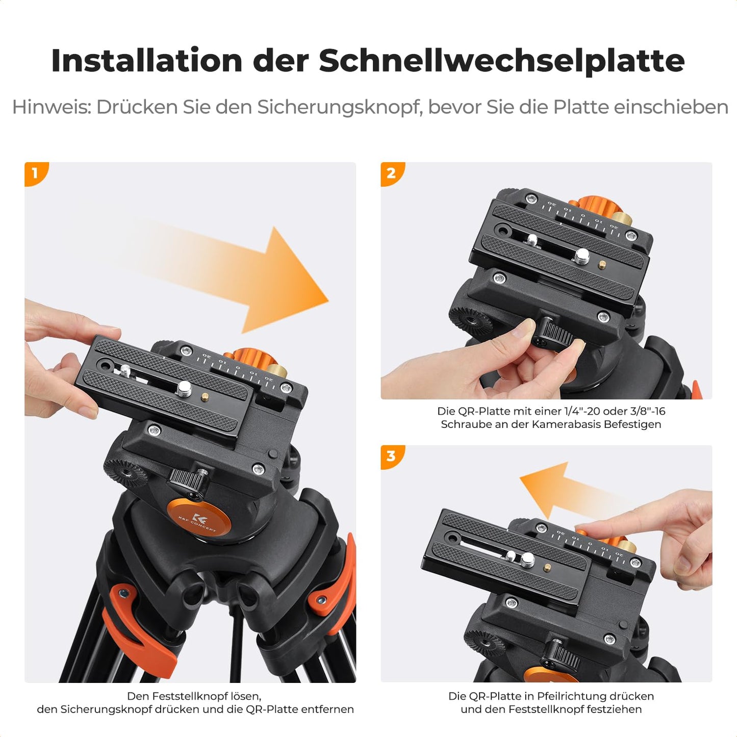 K&F CONCEPT Black-Orange Aluminum 202cm Video Tripod, Heavy Duty Tripod with Fluid Head and Quick Release Plate, Camera Tripod for DSLR, Camcorders, Cameras, Load Capacity 8kg - VA3+BV70