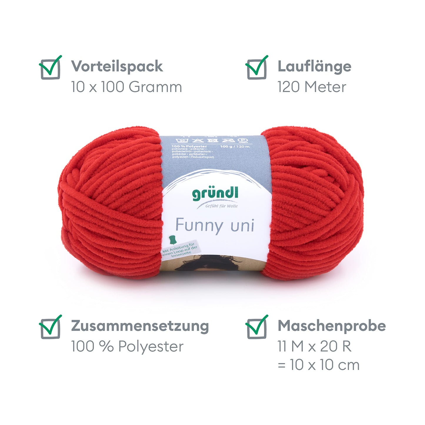 Gründl Wolle Funny uni - soft chenille wool for crocheting - cuddly and skin-friendly - 100% polyester - 10 balls 100 g / 120 m - needle size 5-6, cherry - 3442-11