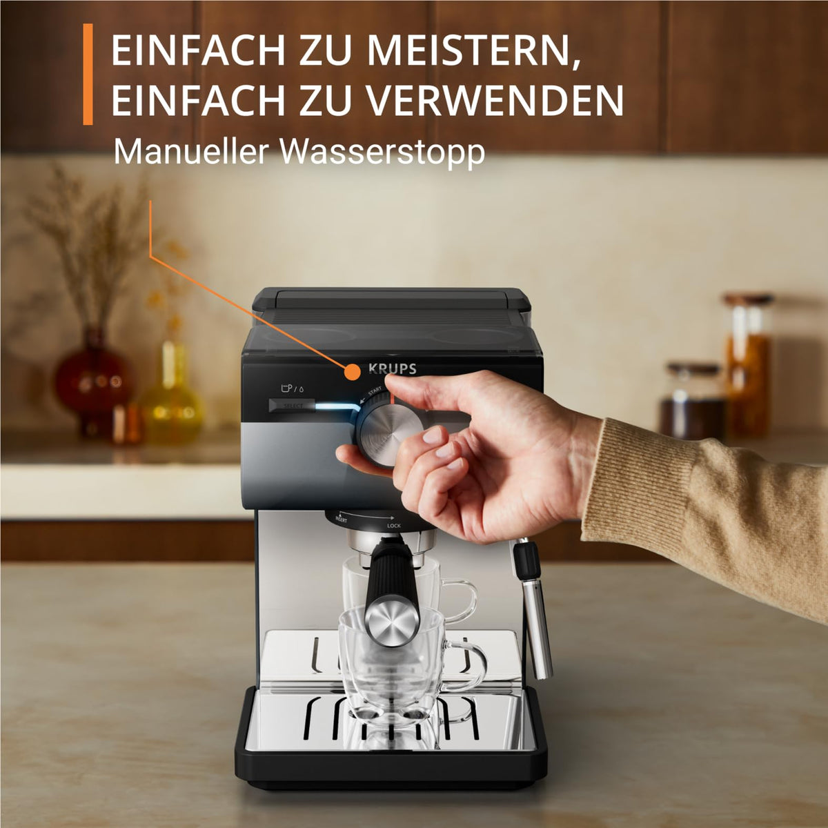 Krups Authentic+ Espresso Machine, 15 bar, intuitive operation, refined design, steam nozzle, including extensive accessories, Bullet Dark Silver/Stainless Steel, XP384G10