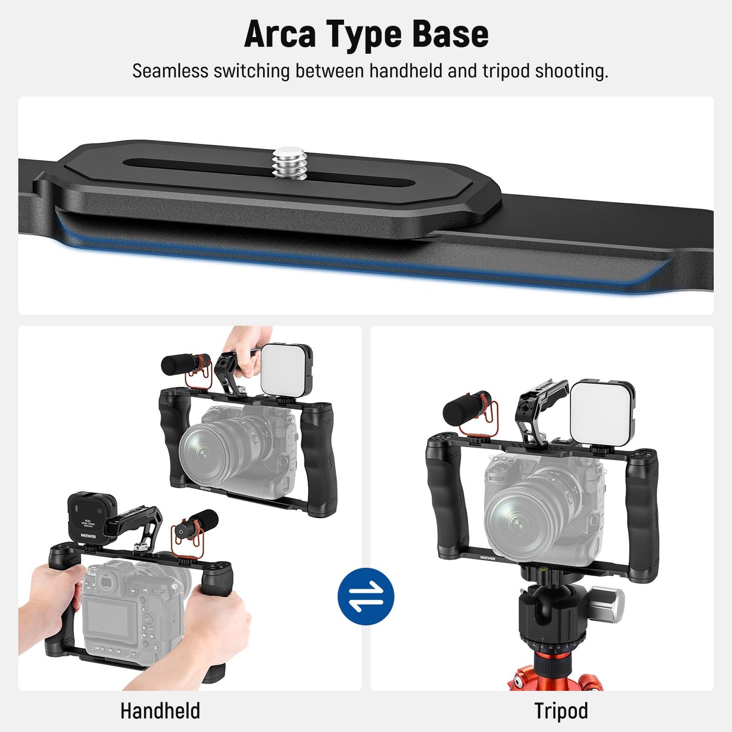 NEEWER Universal Camera Cage with Top Handle, Accessories Monitor Mount, Arca Type Camera Gimbal Stabilizer Video Rig, Two Handles and 3/8 Compatible with SmallRig CA016T+MA006