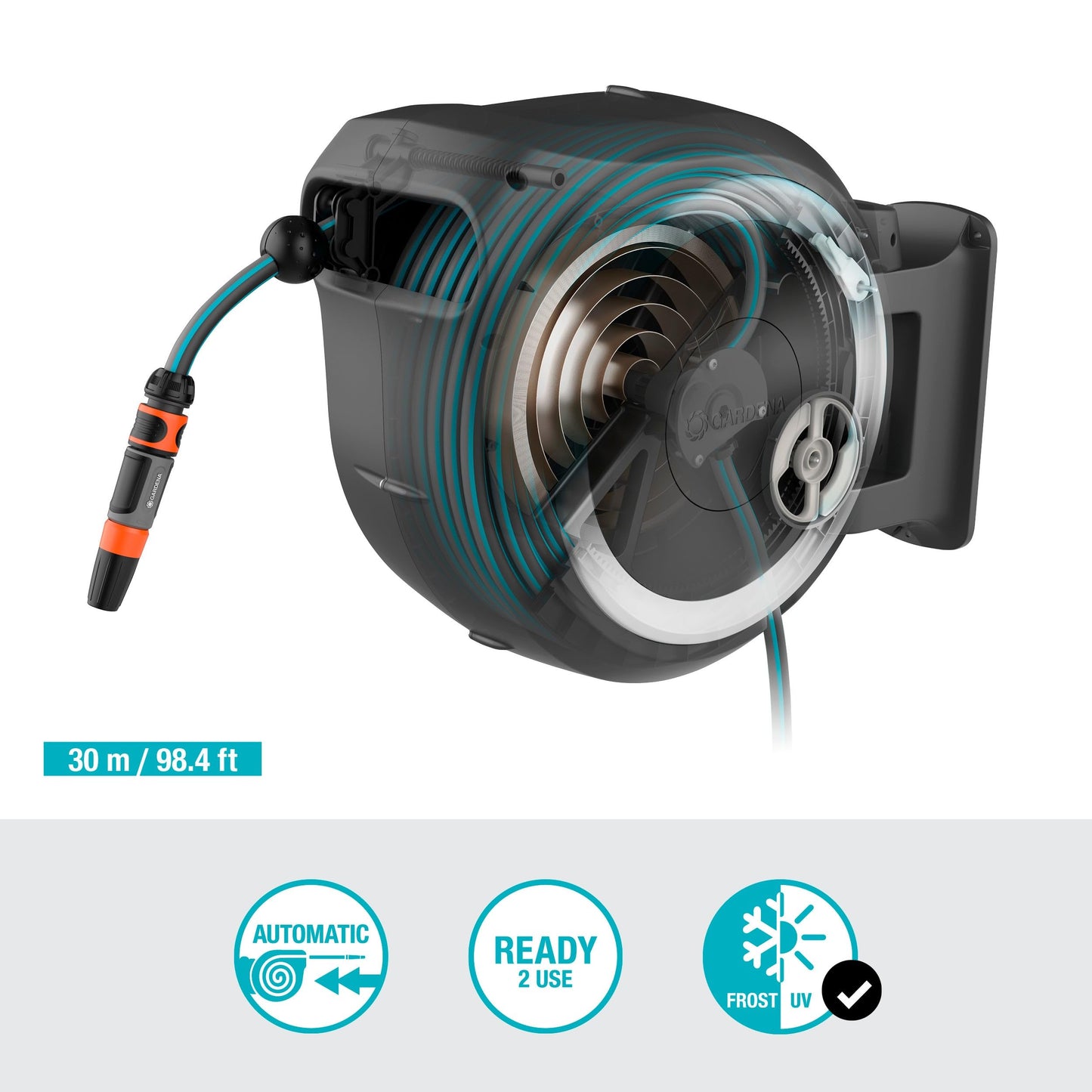 Gardena wall hose box RollUp L (white) 30 m exclusively for Amazon: Swivel hose box, integrated hose guide, incl. 30 m Gardena quality hose, cleaning syringe and shower (18627-38)