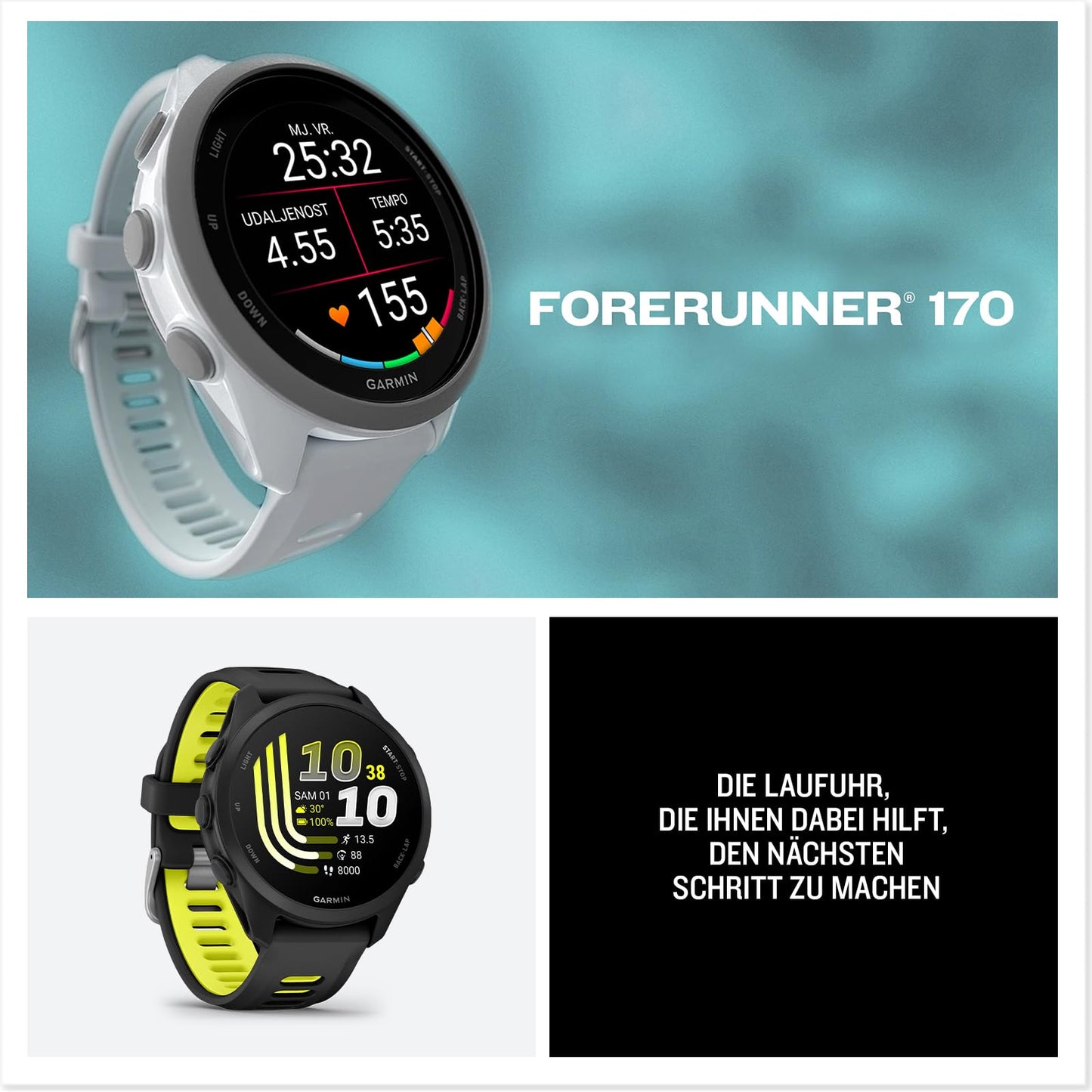 Garmin Forerunner 170 43mm - running smartwatch, 1.2" AMOLED touchscreen, up to 10 days battery life, training recommendations, health data, smart functions, 80+ sports apps, pay - 010-03920-01