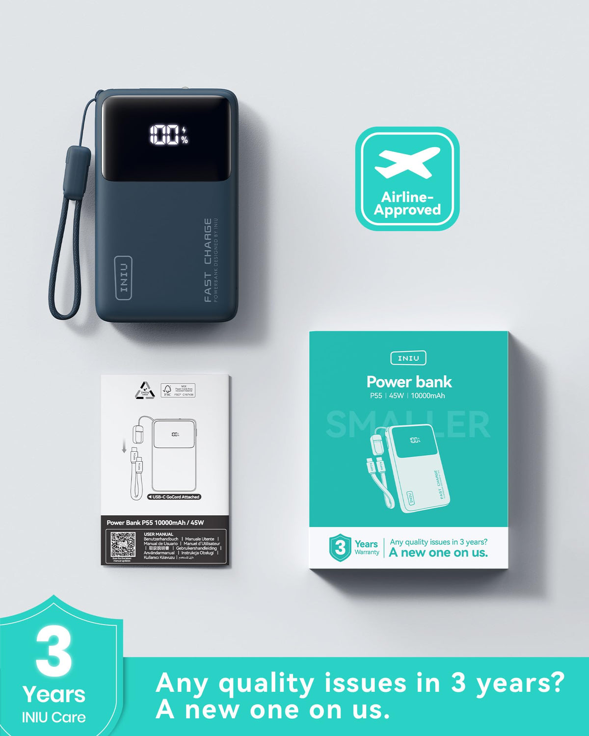 INIU 10000mAh Power Bank, Mini 45W Fast Charging Travel Gadgets PowerBank - P55