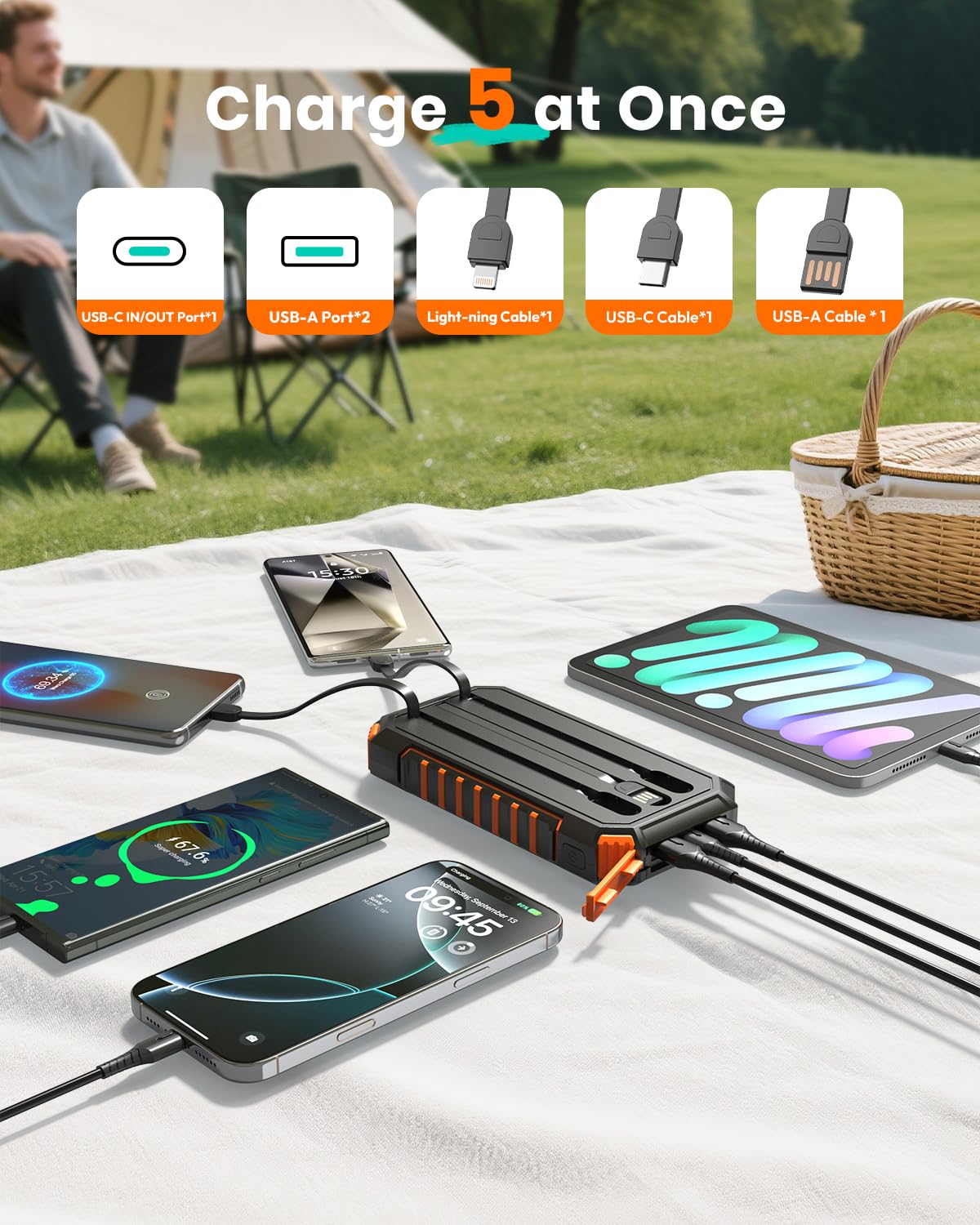 Solar Power Bank 20000mAh - 15W Fast Charger, Portable Charger, 3 Integrated Cables with LED Flashlights - 5 Outputs, Solar Mobile Phone Charger for iPhone 17/16/15/14/13 and Android - T11X