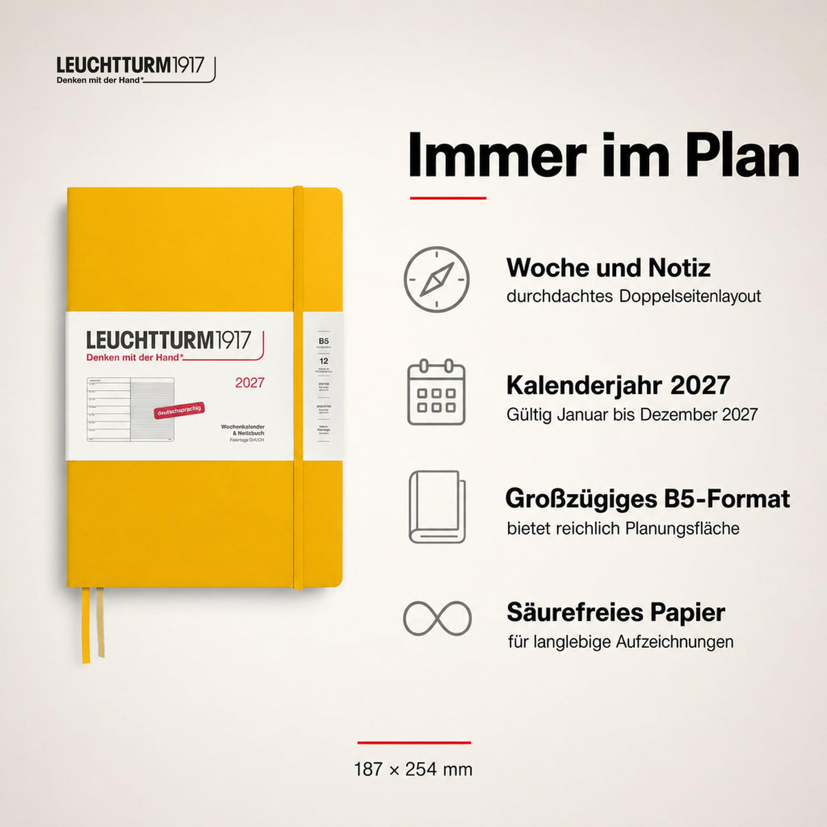 LEUCHTTURM1917 Weekly Calendar 2027 Composition (B5) with Notebook - German Diary, Sunflower, January-December 2027, Weekly Overview on the Left + Notes Page on the Right - 400041