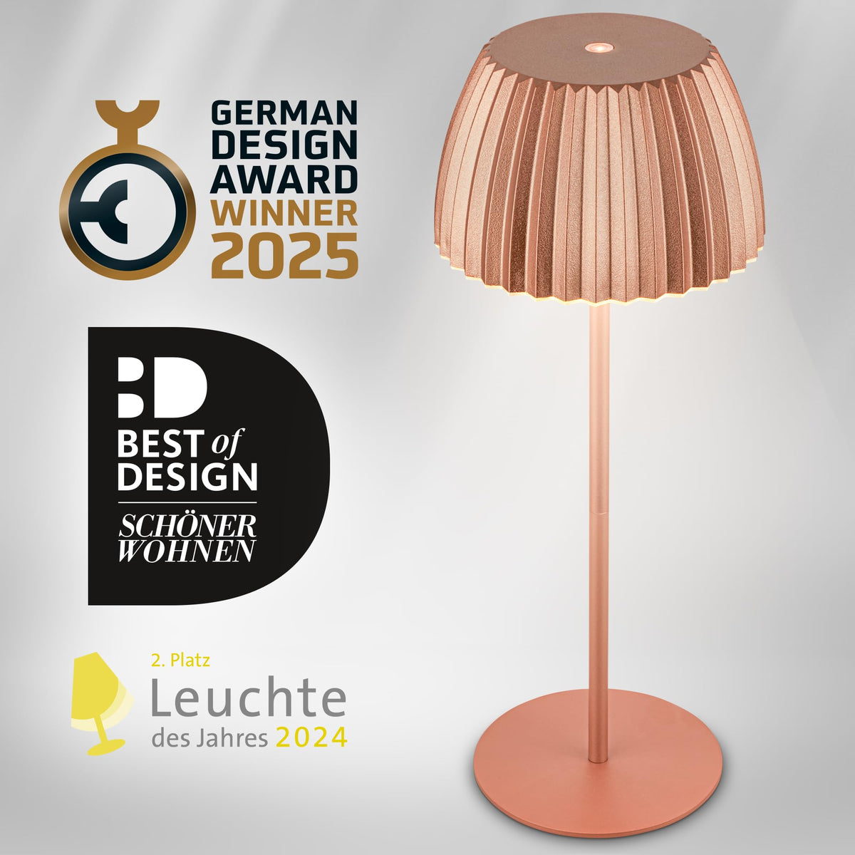 BRILONER - Riffle LED Table Lamp, wireless IP44 with light edge, touch dimmer, replaceable battery, bedside lamp, reading lamp, LED lamp, battery-operated lamp, German Design Award Winner, 14.5x36.5cm, copper color - 7553013