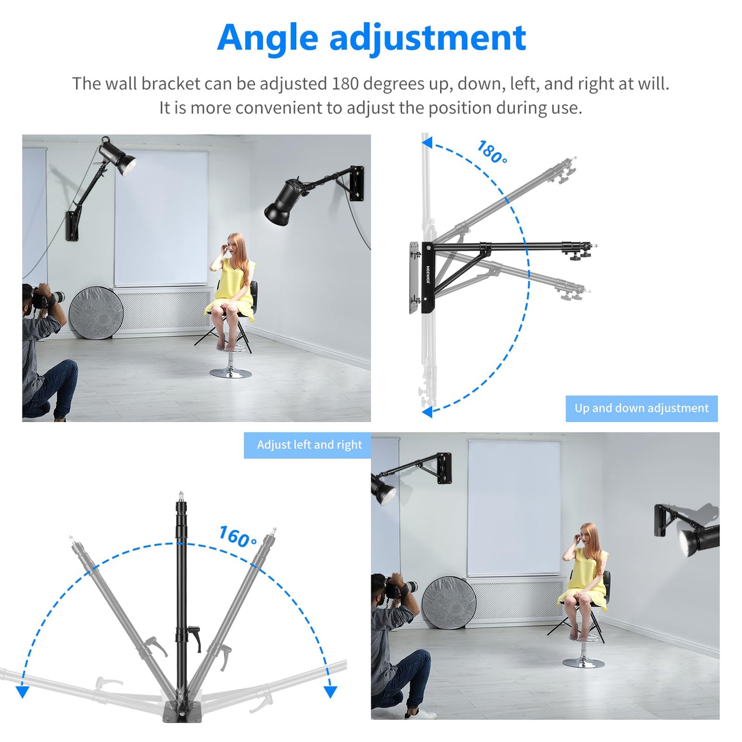 NEEWER Wall Mounted Boom Arm with Triangle Base for Photography Studio Video Strobe Light Monolight Softbox Umbrella Reflector, 180 Degree Rotation, Max Length 66.5 inches/169cm (Black) - 10100923