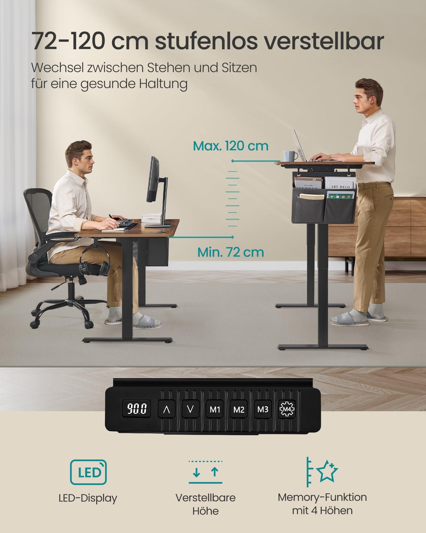 SONGMICS Electric height-adjustable desk, 140 x 60 cm, infinitely adjustable, memory function with 4 heights, vintage brown-ink black LSD016X01