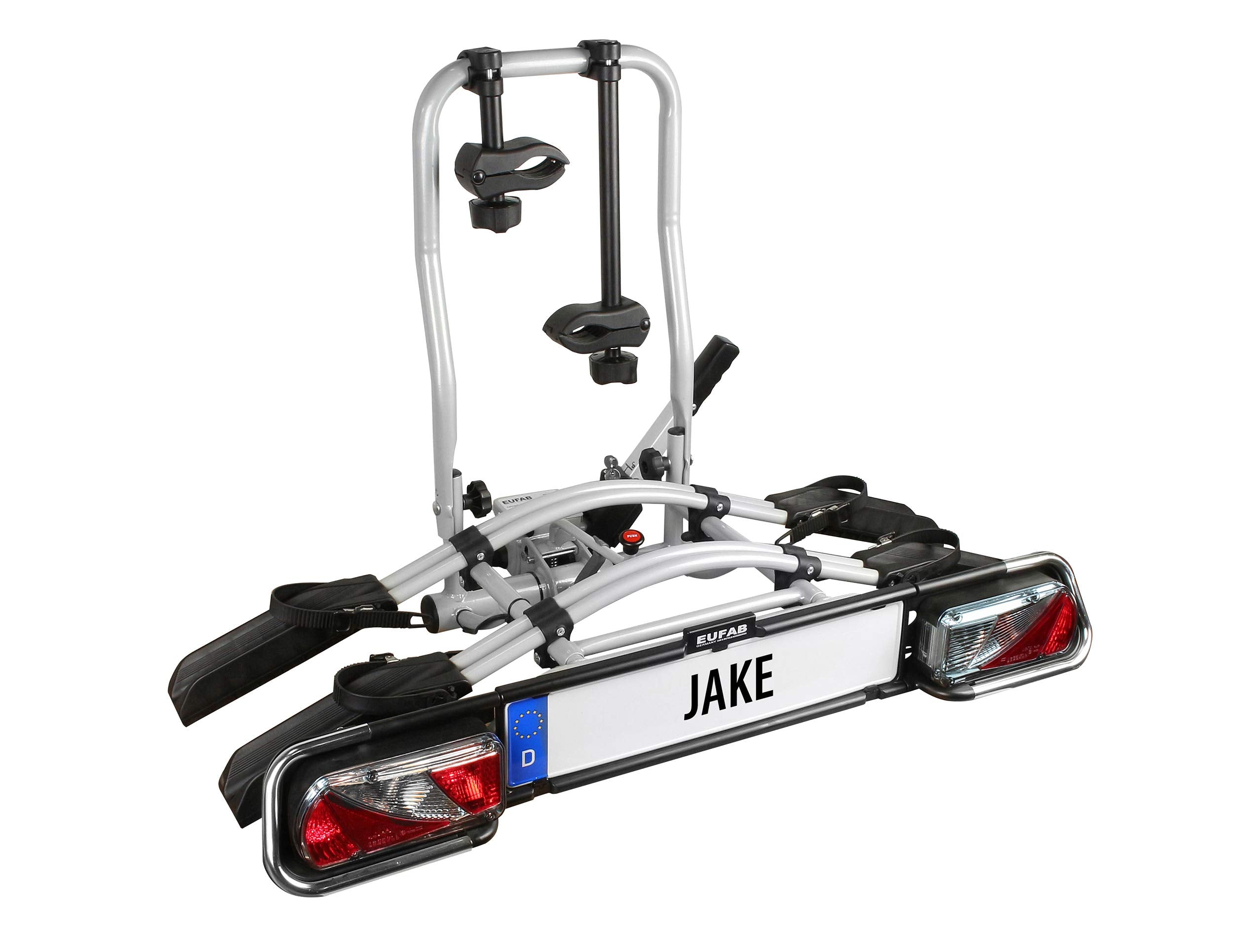 EUFAB 11510 bicycle carrier JAKE, suitable for e-bikes, partially pre-assembled, expandable, anti-theft protection, for 2 bicycles, for trailer hitch