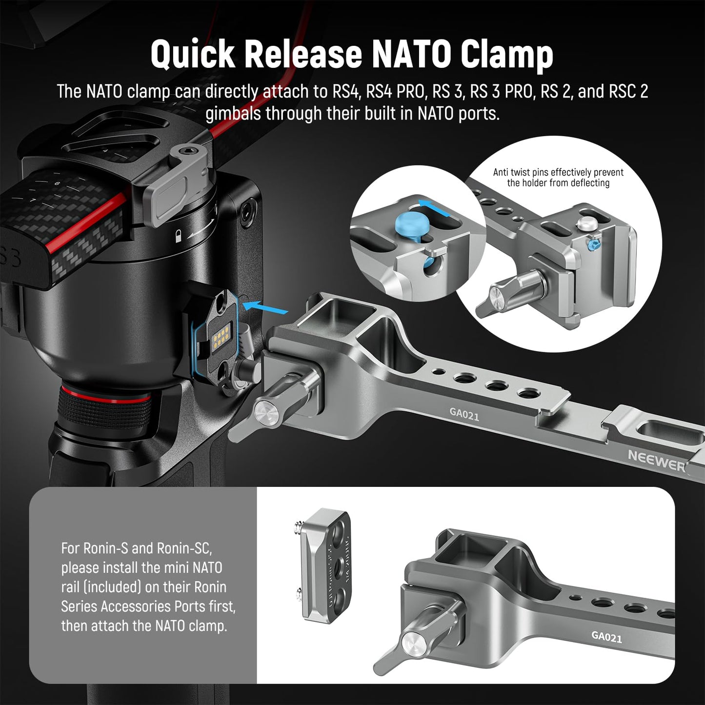 NEEWER NATO monitor mount for RS Gimbal, 360° rotating field monitor mount with NATO clamp and 1/4" thread, compatible with DJI RS5, RS4, RS4PRO, RS3, RS3PRO, RS2, RSC2, RoninS, RoninSC, GA021 - 10105014