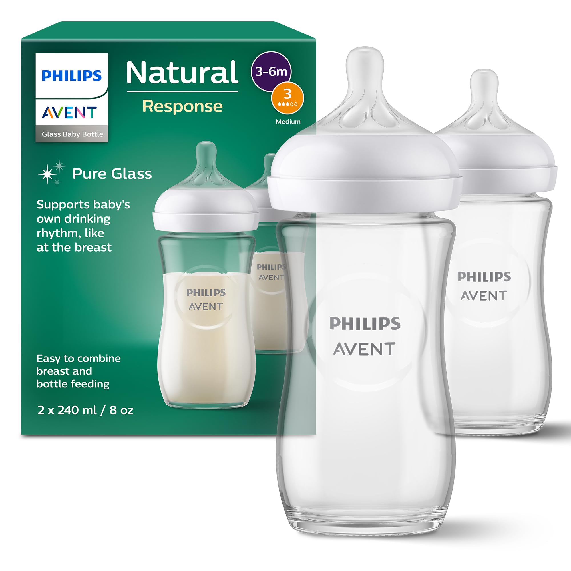 Philips AVENT Natural Response Glass Baby Bottle: 2 x 240ml BPA Free Bottles for Newborns 3-6 Months (Model SCY933/02)