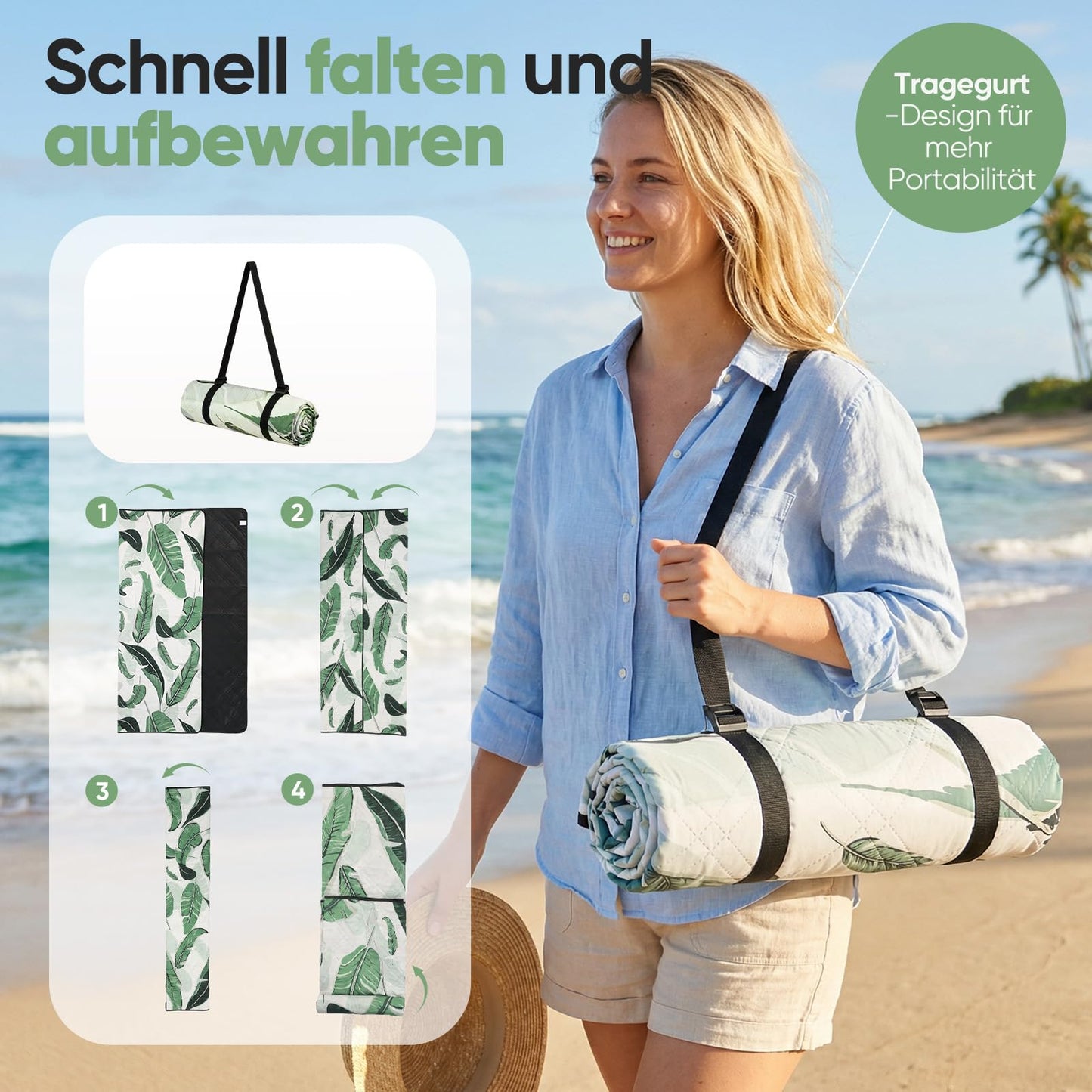 Sekey picnic blanket, waterproof, 200 x 200 cm, beach blanket, sand-free Padded, three-layer structure, PEVA waterproof base, tie strap carry strap, suitable for picnic, camping, beach - PM19