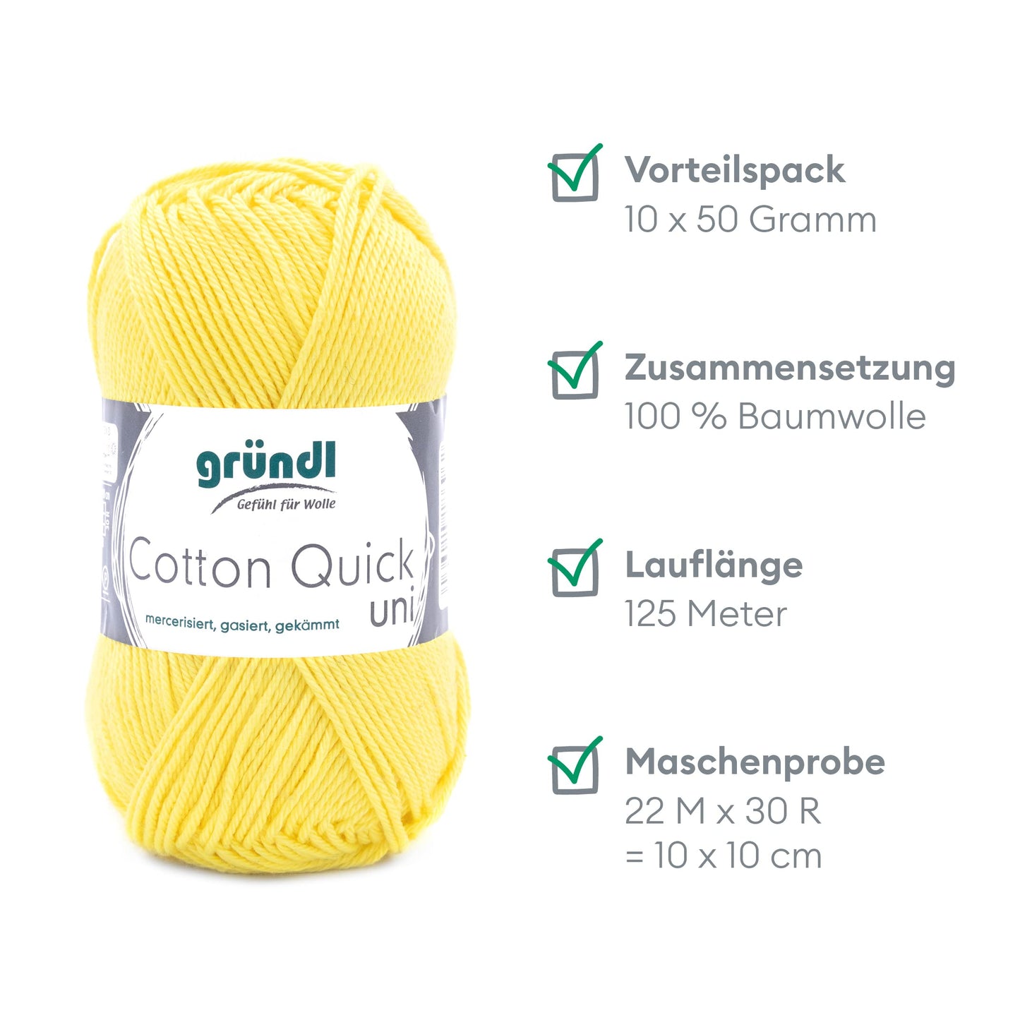 Gründl Wolle Cotton Quick uni - thin wool for crocheting - knitting yarn - crochet yarn - shiny and skin-friendly - 100% cotton - 10 balls 50 g / 125 m - needle size 3-4 - yellow - 865-131