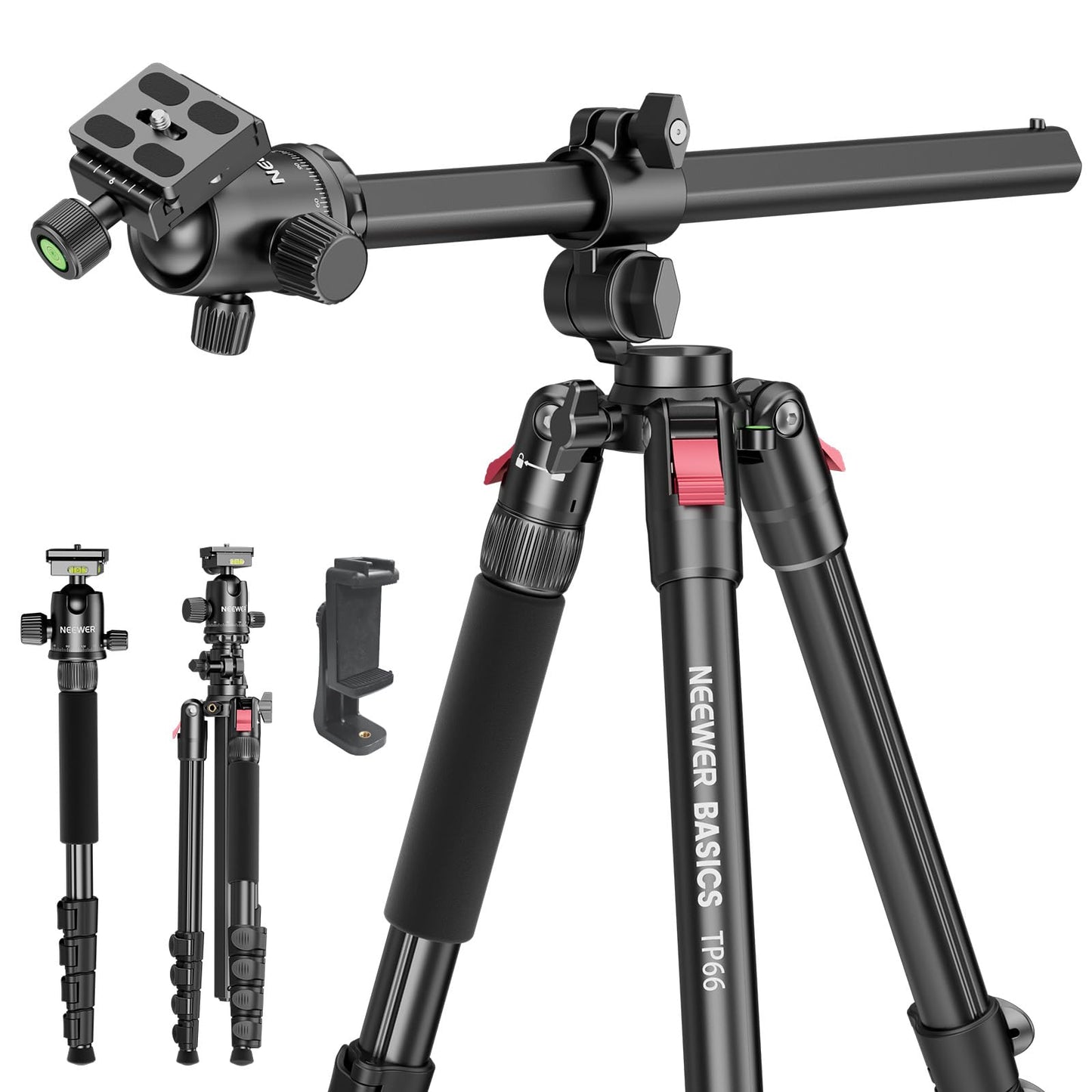 NEEWER Basics 64.5" Horizontal Overhead Camera Tripod with Ball Head/Mobile Phone Holder Compatible with iPhone, Aluminum Travel Tripod Monopod, 360° Pan, 180° Tilt Angle, 10kg Load Capacity, TP66