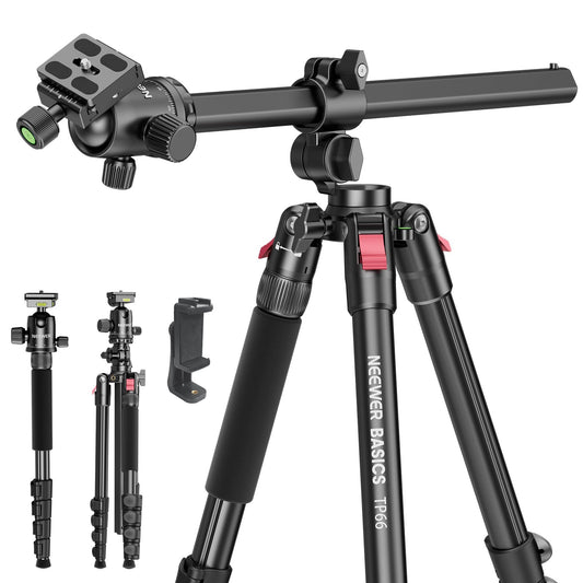 NEEWER Basics 64.5" Horizontal Overhead Camera Tripod with Ball Head/Mobile Phone Holder Compatible with iPhone, Aluminum Travel Tripod Monopod, 360° Pan, 180° Tilt Angle, 10kg Load Capacity, TP66