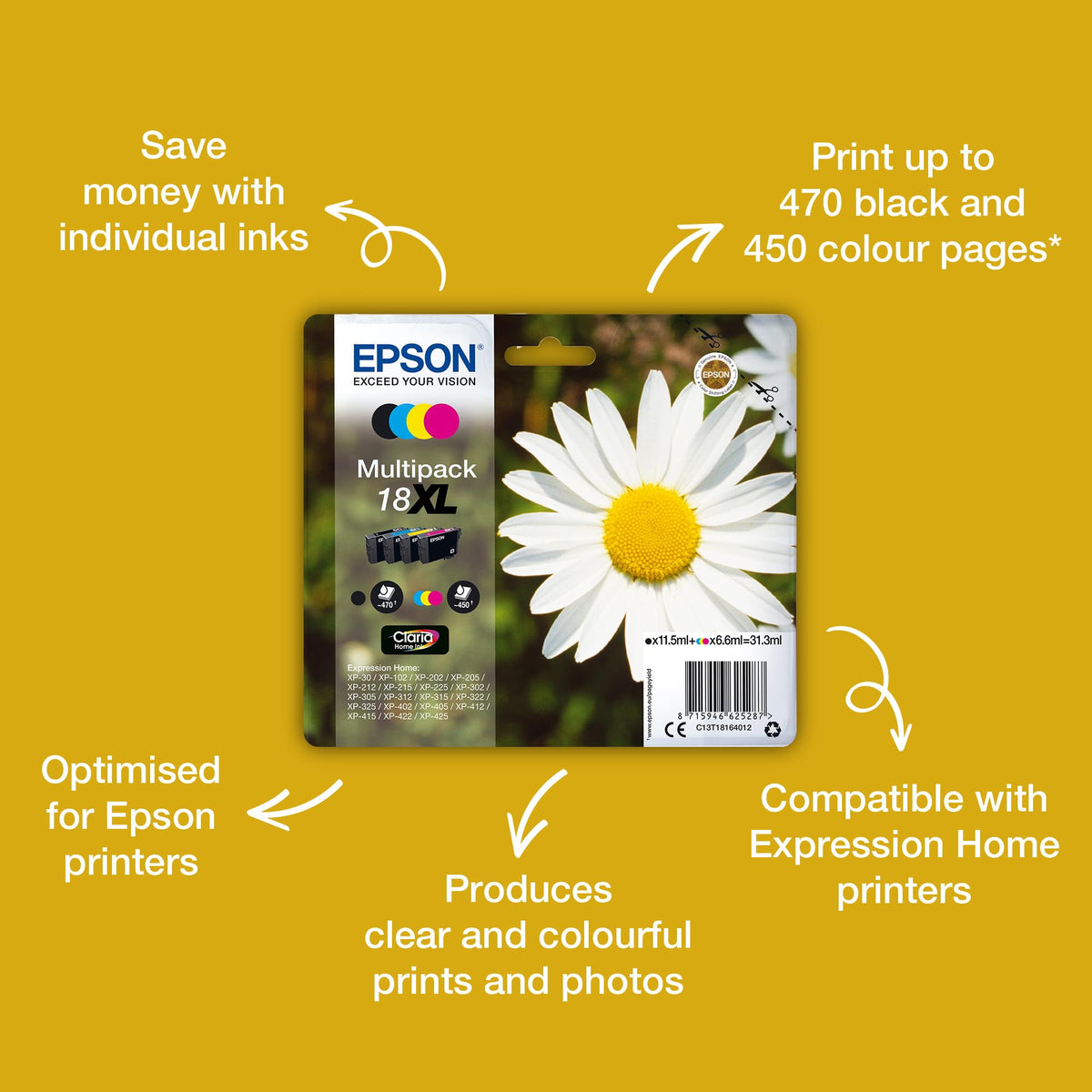 Cartuș de cerneală original Epson Gălbenele, cerneală Claria Home, pentru imprimare de text și fotografii (pachet unic) negru T180140 Standard (pachet cu 2) - C13T18014012