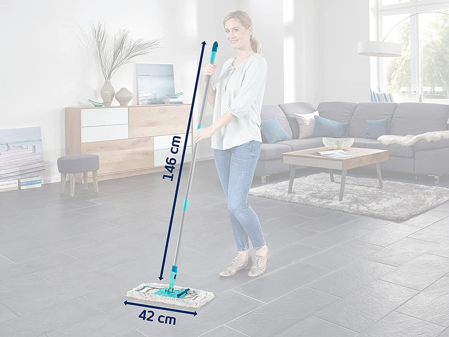 Leifheit back-friendly floor mop Profi XL Cotton Plus, steel handle 146cm, mop with foot click, for tiled and stone floors, 360° swivel joint, click system, environmentally friendly cardboard - 55456