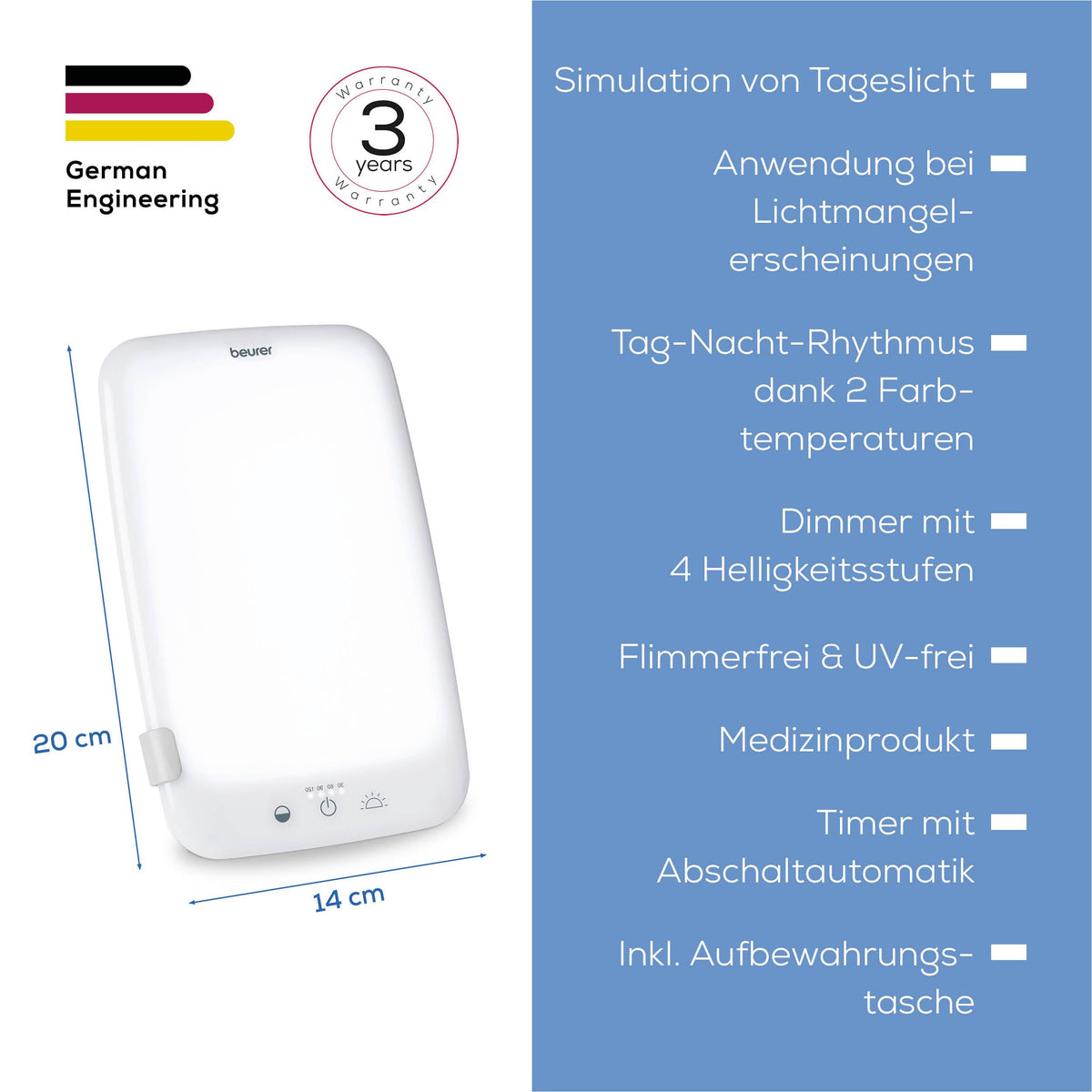 Beurer TL 35 Daylight Lamp, simulates daylight with 3 color temperatures for a regulated day-night rhythm, 10,000 Lux, medical device, detachable stand, with dimmer, white. - 10065