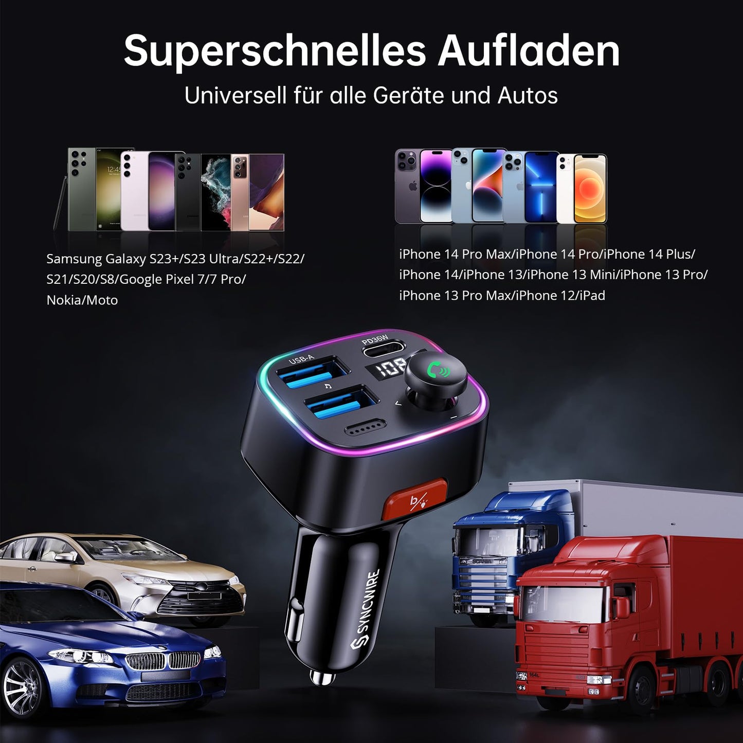 Syncwire FM Transmitter Car Bluetooth 5.4 48W (PD 36W & 12W) Bluetooth Adapter Car with [Light Switch] [HiFi Bass Sound] [Fast Charging] Hands-Free Car Charger Cigarette Lighter - SW-XC725