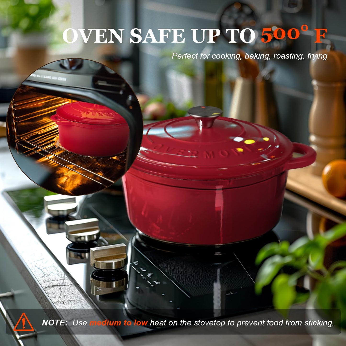 Overmont roasting pan enamel cast iron pot - casserole 28cm oven-safe - with lid and cookbook - for kitchen baking stewing roasting red - Enamelled