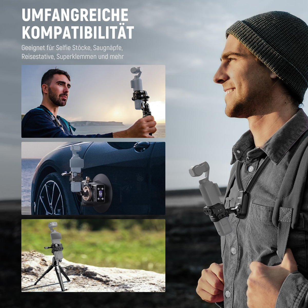 NEEWER Pocket 3 Cage Gimbal Video Recording Device made of aluminum alloy with action camera extension adapter, 1/4" thread, cold shoe, compatible with DJI Osmo Pocket 3 Creator Combo AC009.