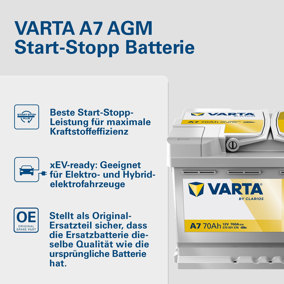 VARTA Automotive DYNAMIC AGM (A7) 12V 70Ah 760A - baterie umedă pentru sisteme Start-Stop și xEV - baterie de pornire pentru mașini cu un consum mai mare de energie - baterie cu plumb-acid fără întreținere - 570
