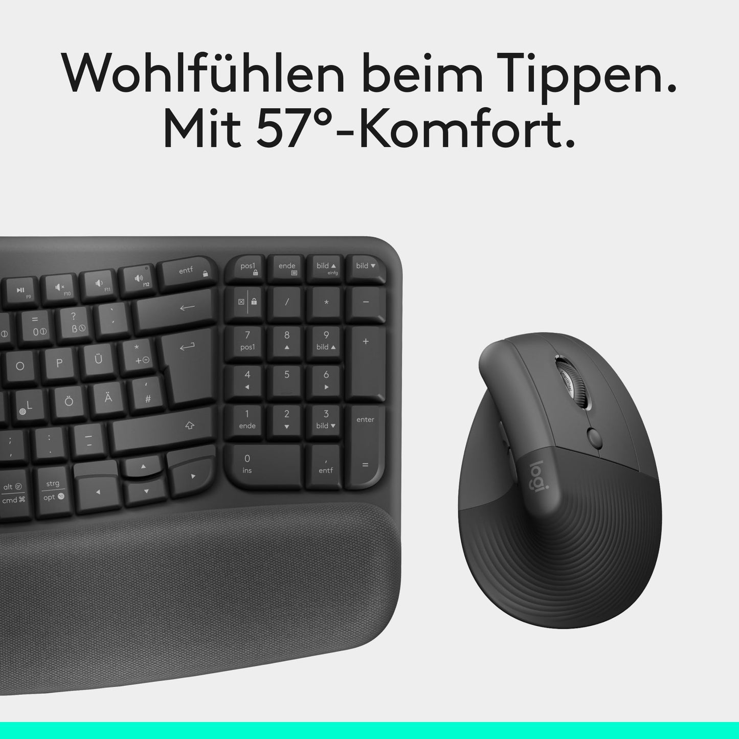 Logitech Wave Keys and Lift Vertical Mouse - Ergonomic Bundle - Wireless Keyboard with Padded Wrist Rest and Vertical Wireless Mouse - Bluetooth, Multi-OS, Windows/Mac - Graphite - 910-006473