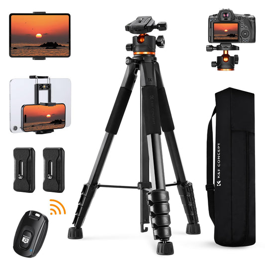 K&F CONCEPT Black Aluminum Camera Tripod S255A3+BH-36.190cm Mobile Phone Tripod, Tripod for Canon Nikon Sony Camera/DSLR/Camcorder, Tripod for Smartphone, Travel Tripod with Mobile Phone Tablet Holder