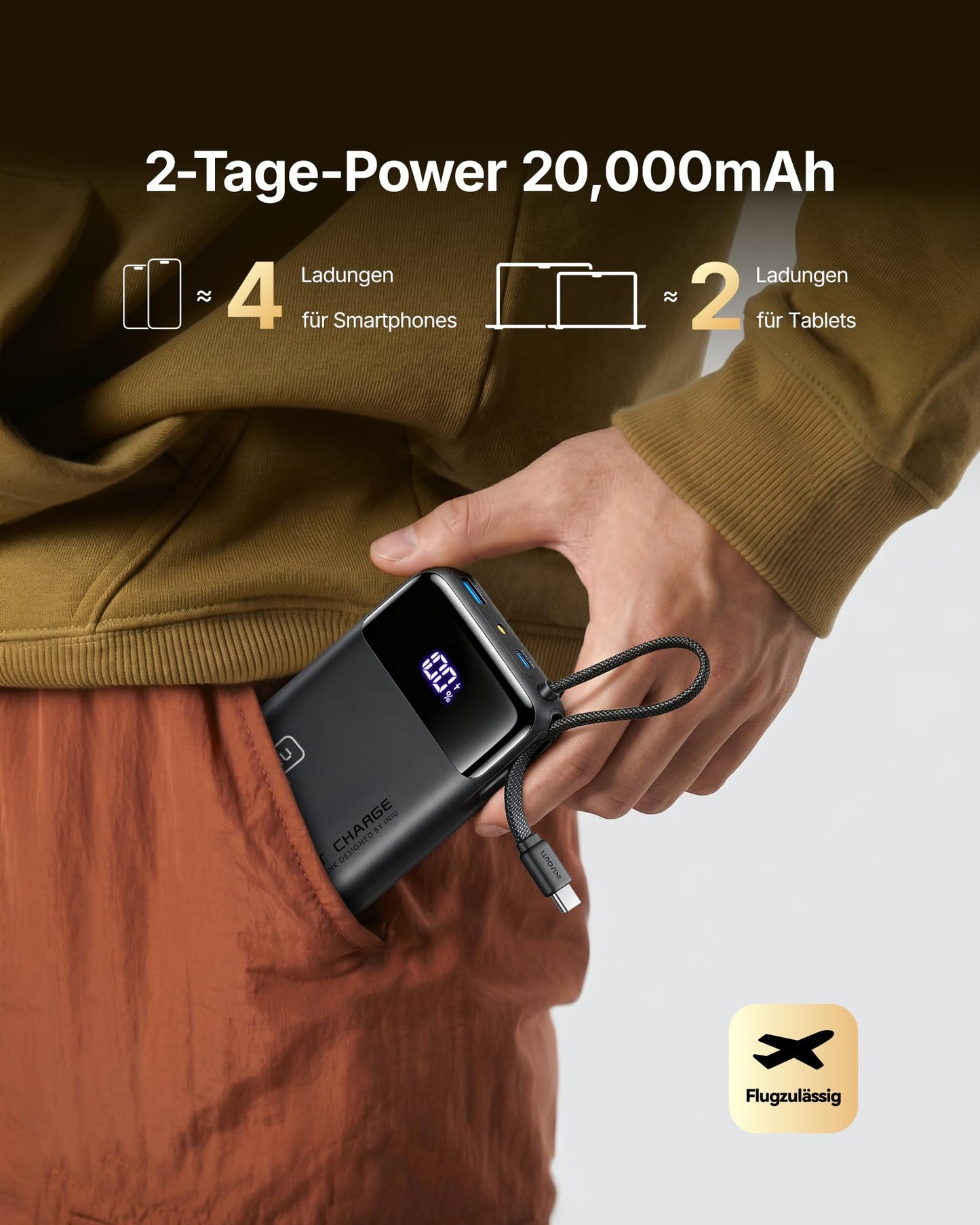 INIU 45W power bank, ultra small 20000mAh with integrated USB-C cable - P51L