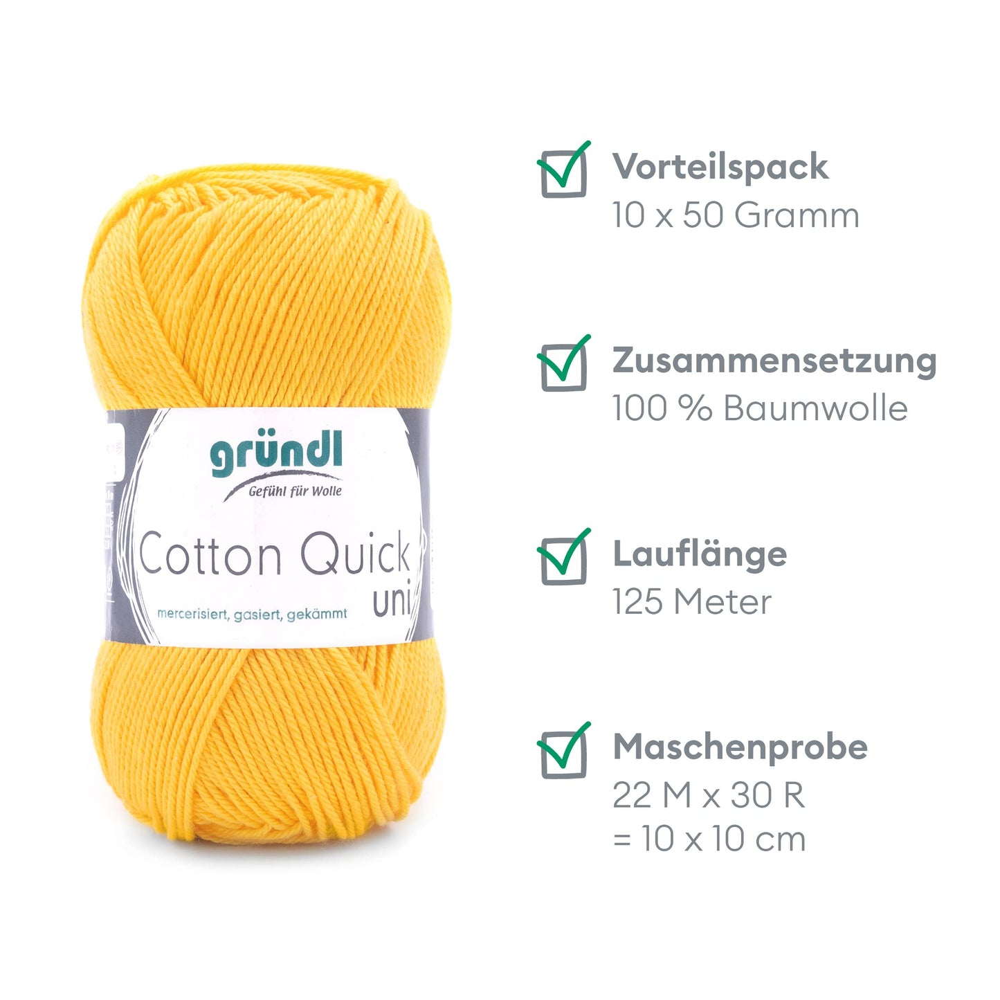 Gründl Wolle Cotton Quick uni - thin wool for crocheting - knitting yarn - crochet yarn - shiny and skin-friendly - 100% cotton - 10 balls 50 g / 125 m - needle size 3-4 - corn yellow - 865-138