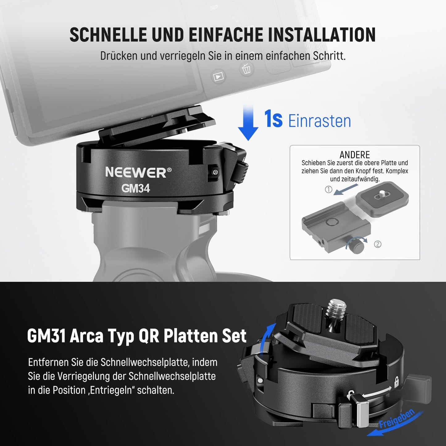 NEEWER GM34 camera quick release plate set, quick release automatic locking, square QR mounting plate with Arca clamp, compatible with Arca Swiss, camera clamp, maximum load 11lb/5kg