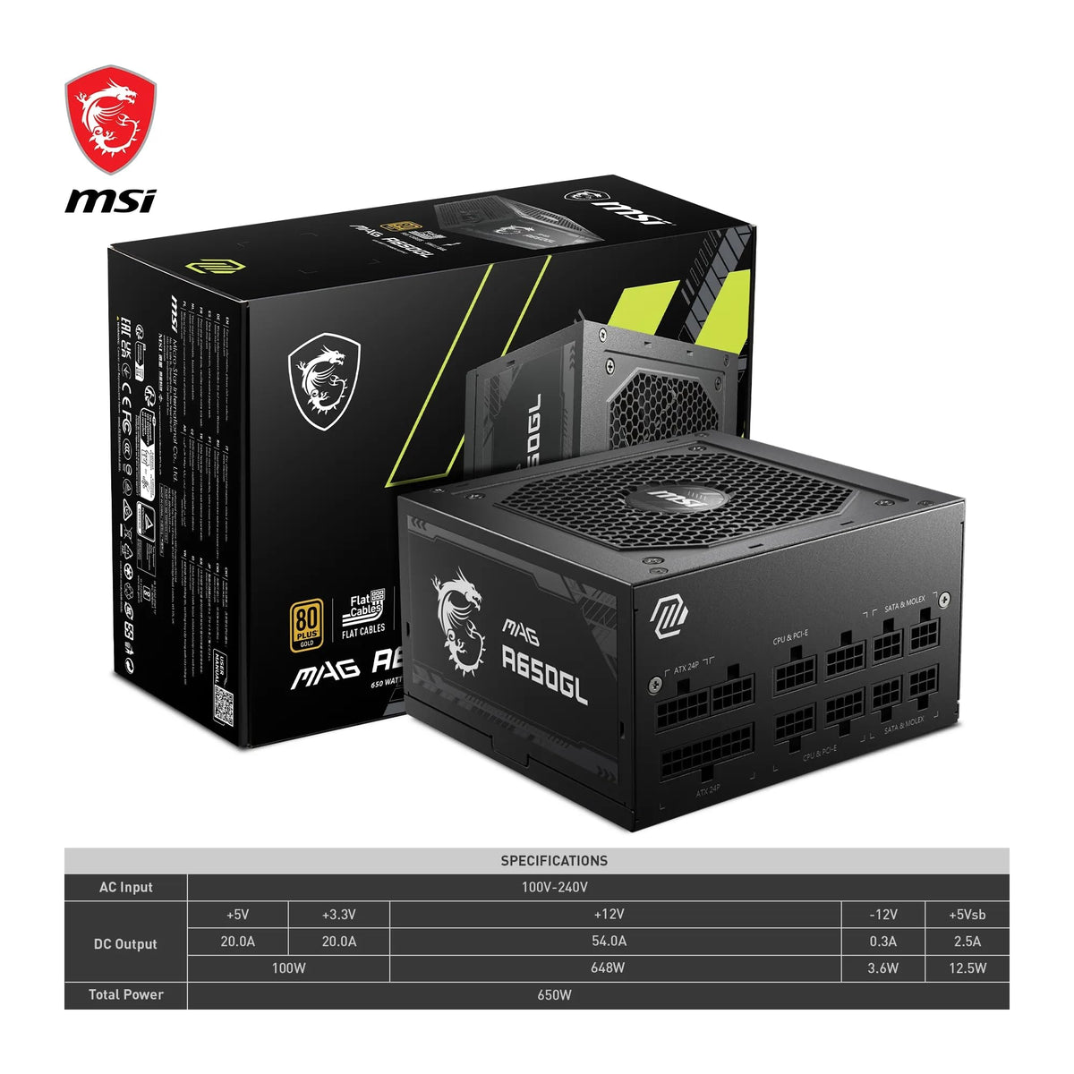 MSI MAG A650GL Sursă de alimentare, 650W, 80 Plus Gold, complet modulară, ventilator de 120mm FDB cu rulmenți dinamici, Full-Bridge LLC, cabluri plate negre - 7 ani garanție - 306-7ZP8C11-CE0