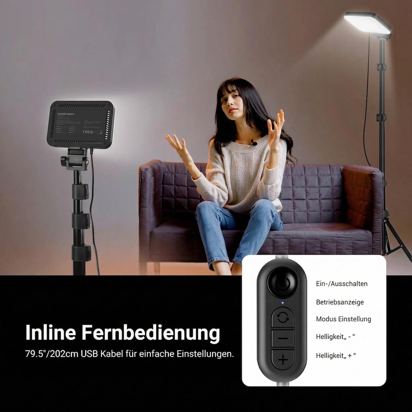 NEEWER Basics 2 Pack LED Video Light Panel Light Set, 6.2" Dimmable Portable Studio Light with 53" Tripod, 3200K-5600K/CRI95+ 810 Lux for Photography, Video Recording, Streaming and Podcasts, BP132 - BP132（2