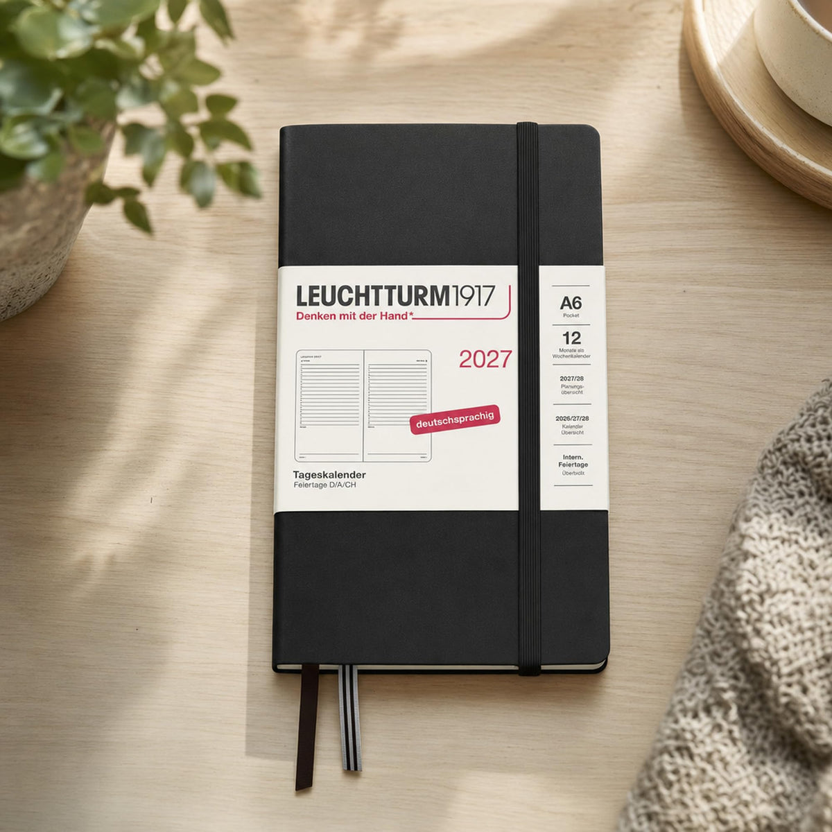 LEUCHTTURM1917 Daily Calendar 2027 Pocket (A6) - German, black, 90 x 150 mm, January-December (12 months), 1 page per day, hourly grid 7:00-22:00, hardcover, 80 g/m² paper - 400164