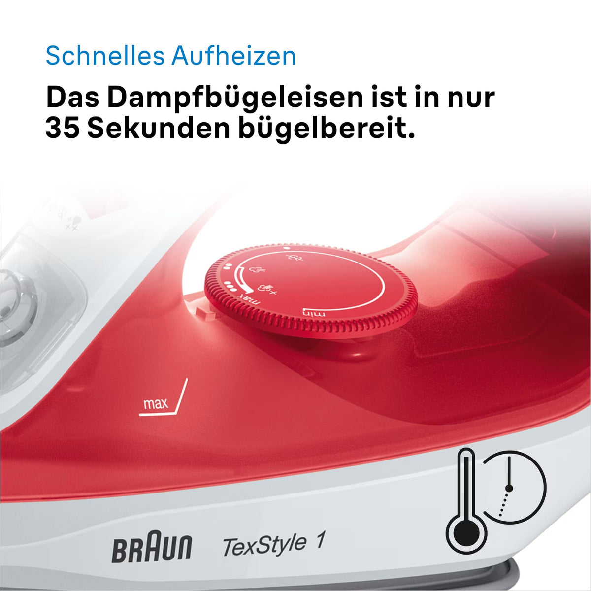 Braun Fier de călcat cu aburi TexStyle 1 SI1019RD, fier de călcat, talpă antiaderentă, 120 g/min impuls de abur, potrivit pentru apă de rețea, încălzire rapidă (35 sec.), 220 ml, 1.900 Watt, roșu