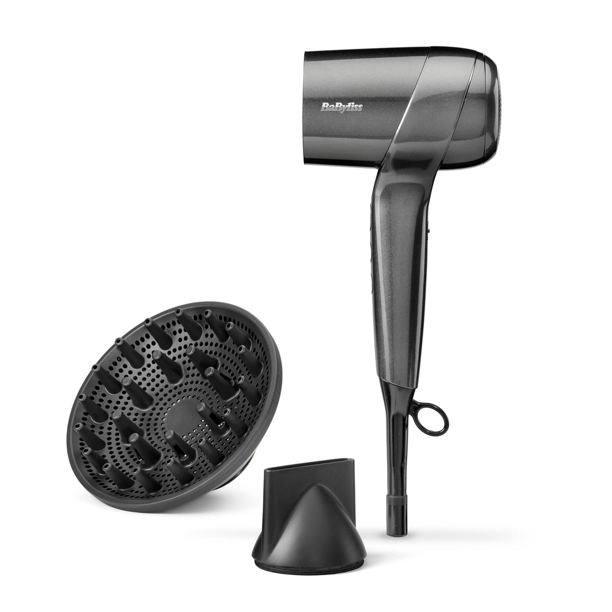 BaByliss Titanium Shine 1600W Uscător de păr cu difuzor – Uscător de păr puternic și compact, design ergonomic, tehnologie cu ioni împotriva frizz-ului, 3 niveluri de căldură și 3 viteze ale aerului, argintiu, D6200DE