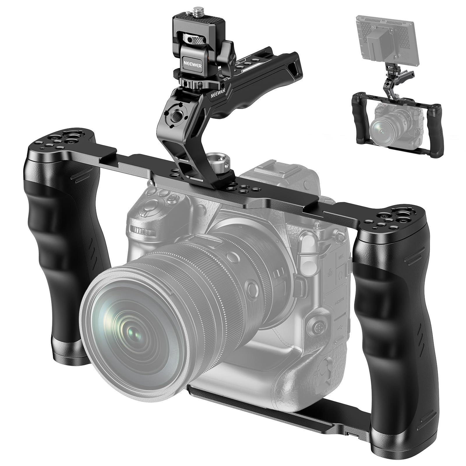 NEEWER Universal Camera Cage with Top Handle, Accessories Monitor Mount, Arca Type Camera Gimbal Stabilizer Video Rig, Two Handles and 3/8 Compatible with SmallRig CA016T+MA006