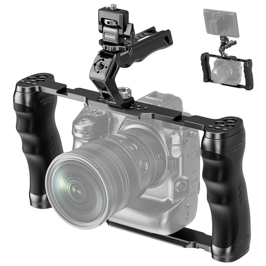 NEEWER Universal Camera Cage with Top Handle, Accessories Monitor Mount, Arca Type Camera Gimbal Stabilizer Video Rig, Two Handles and 3/8 Compatible with SmallRig CA016T+MA006