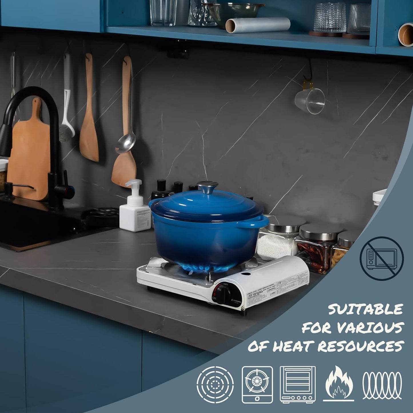 Overmont Casserole Cast Iron Pot 26cm - Enamel Roaster with Lid Oven Safe - with Cookbook - for Kitchen Baking Stewing Roasting Blue - OM-Enamel