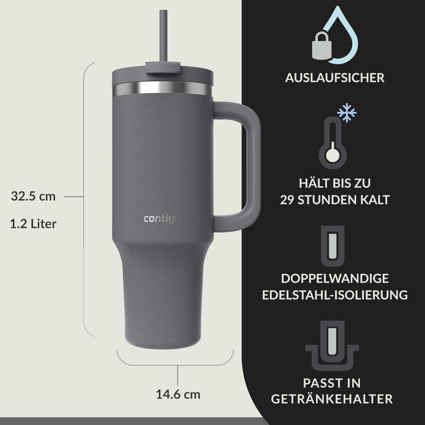 Contigo thermos bottle 1200 ml with handle and straw | Stainless Steel Insulated Thermal Drinking Bottle with Lid | Cools for 29 hours | Travel Mug | Thermo mug | - 2217788