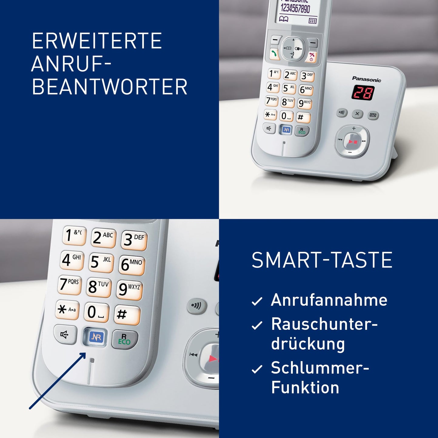 Panasonic KX-TG6821GS DECT cordless telephone with answering machine (low radiation, eco mode, gap telephone, landline, call barring) pearl silver