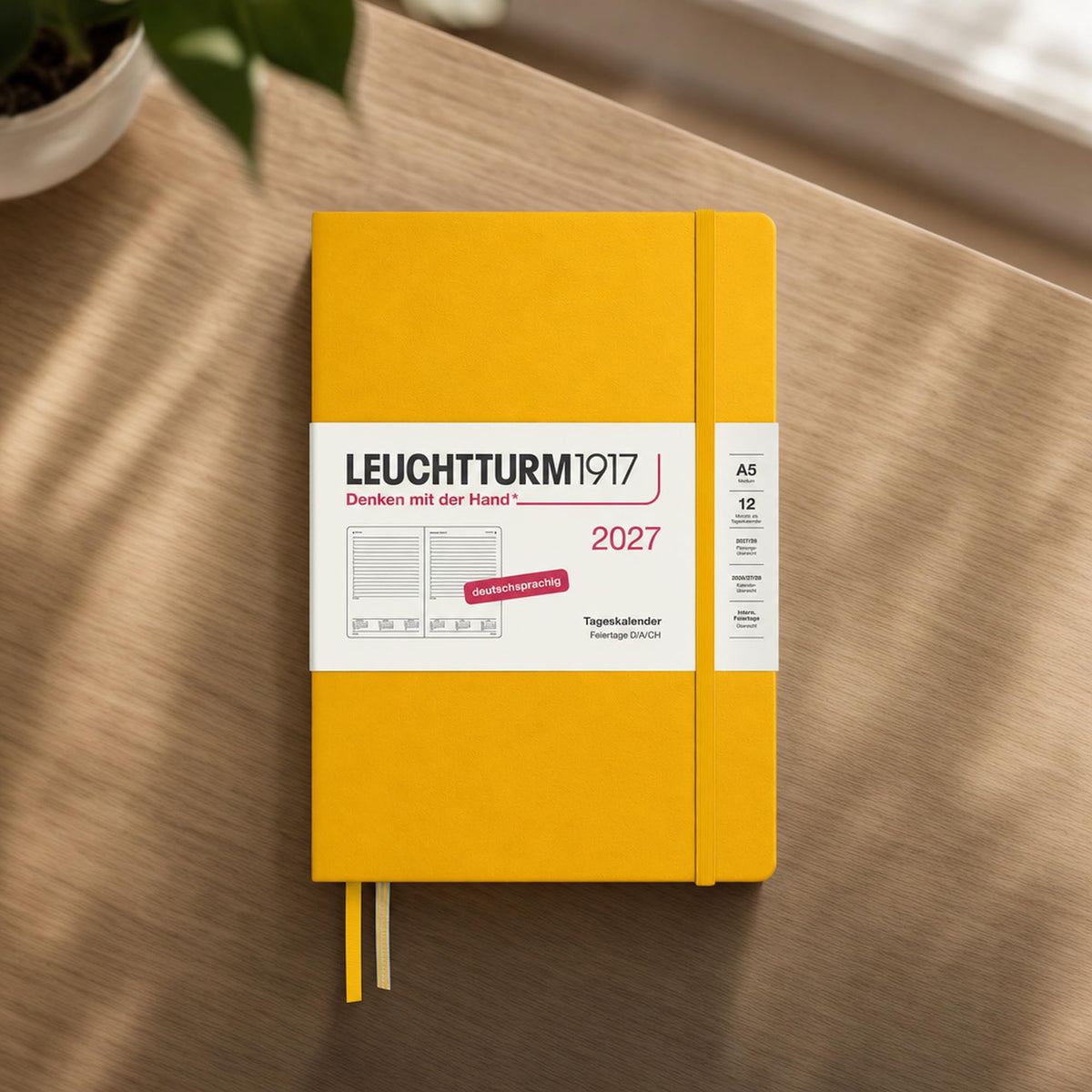 LEUCHTTURM1917 Daily Calendar 2027 Medium (A5) - German, Sunflower, 145 x 210 mm, January-December (12 months), 1 page per day, hourly grid 7:00 a.m. - 10:00 p.m., hardcover, 80 g/m² paper - 400160