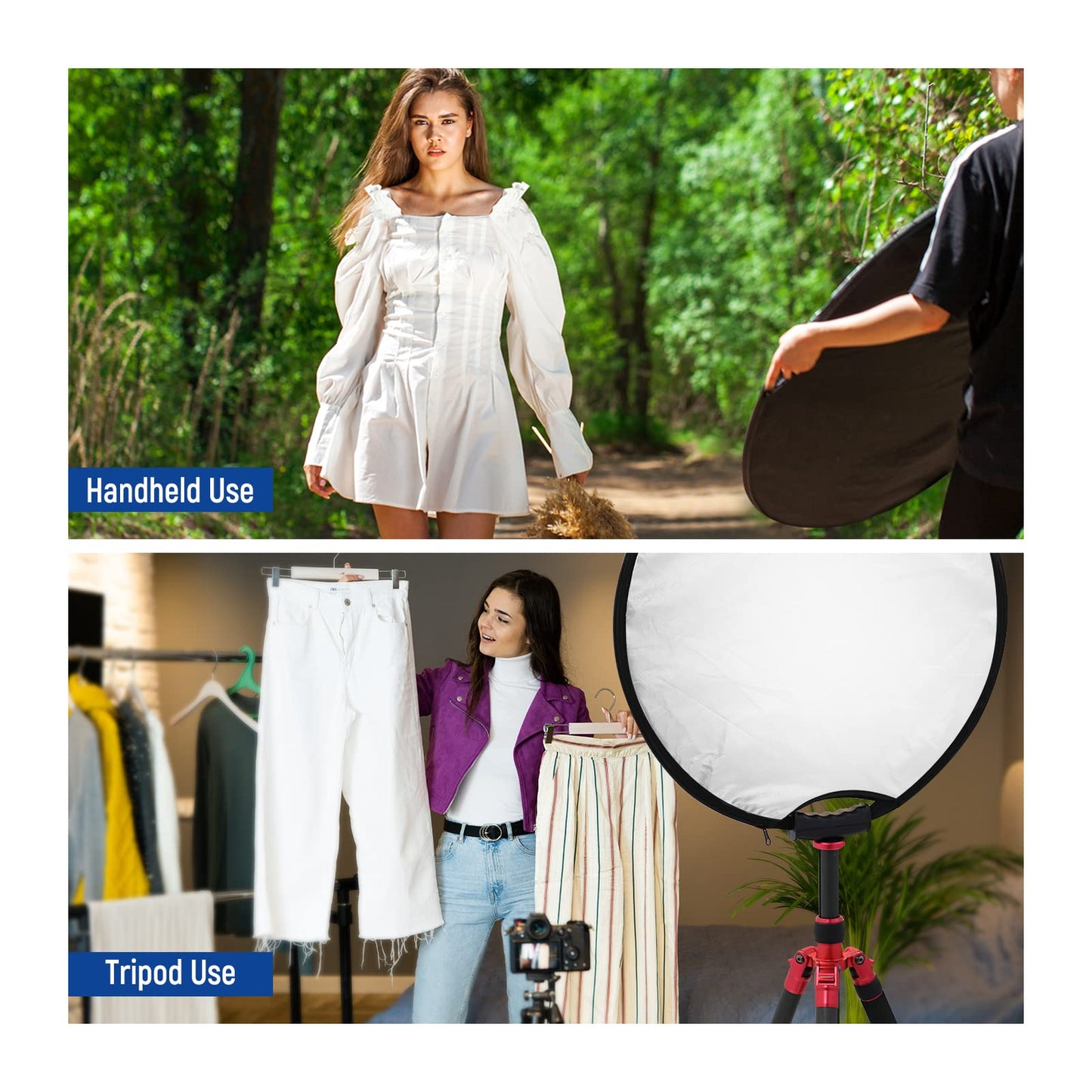 NEEWER 22"/56cm light reflector with handle with 3/8" thread, 5 in 1 folding disc light diffuser translucent/silver/gold/white/black for photo lighting, outdoor lighting, RF-56II