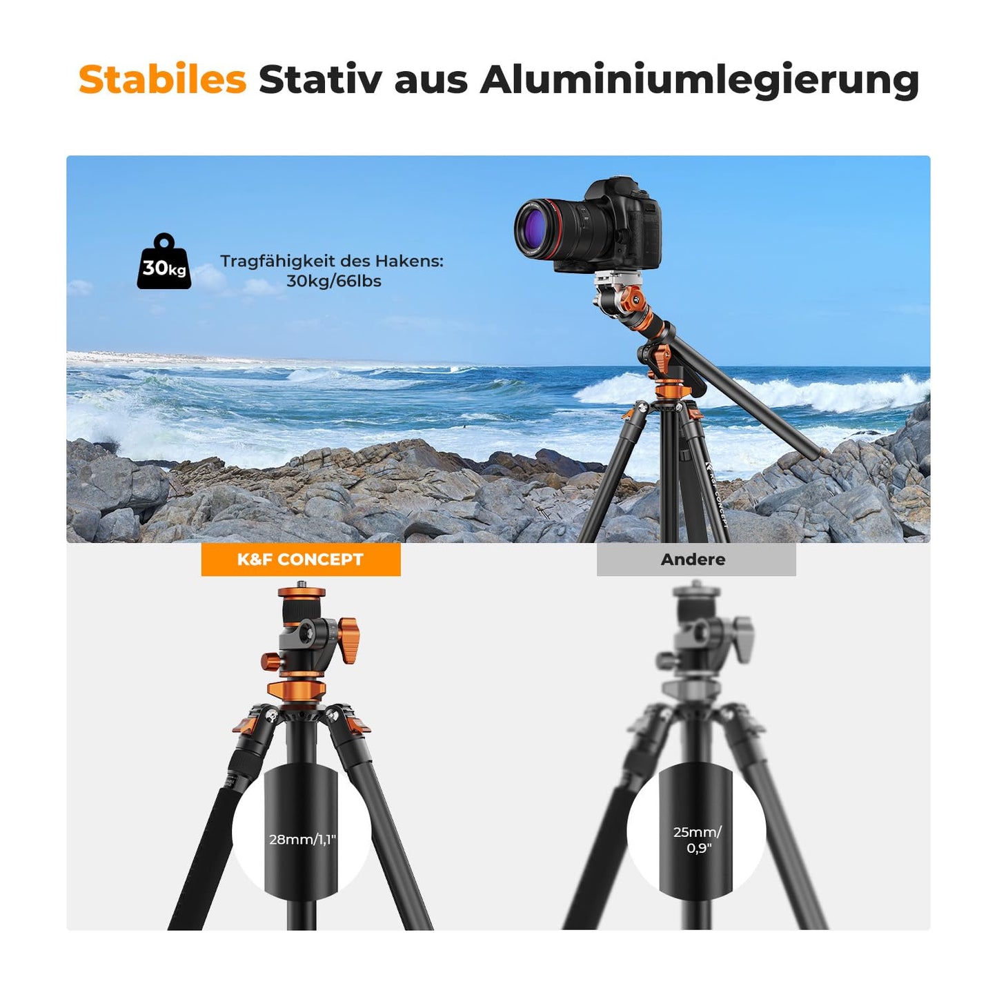 Camera tripod, K&F CONCEPT video tripod video tripod with fluid head, 231cm tripod with 90° center column and removable monopod, aluminum travel tripod T254A7+FH-03 for DSLR, camcorders, cameras