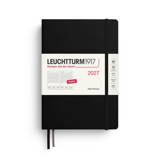 LEUCHTTURM1917 Calendar zilnic 2027 Medium (A5) - engleză, negru, 145 x 210 mm, ianuarie-decembrie (12 luni), 1 pagină pe zi, grilă orară 7:00-22:00, copertă cartonată, hârtie de 80 g/m² - 400324