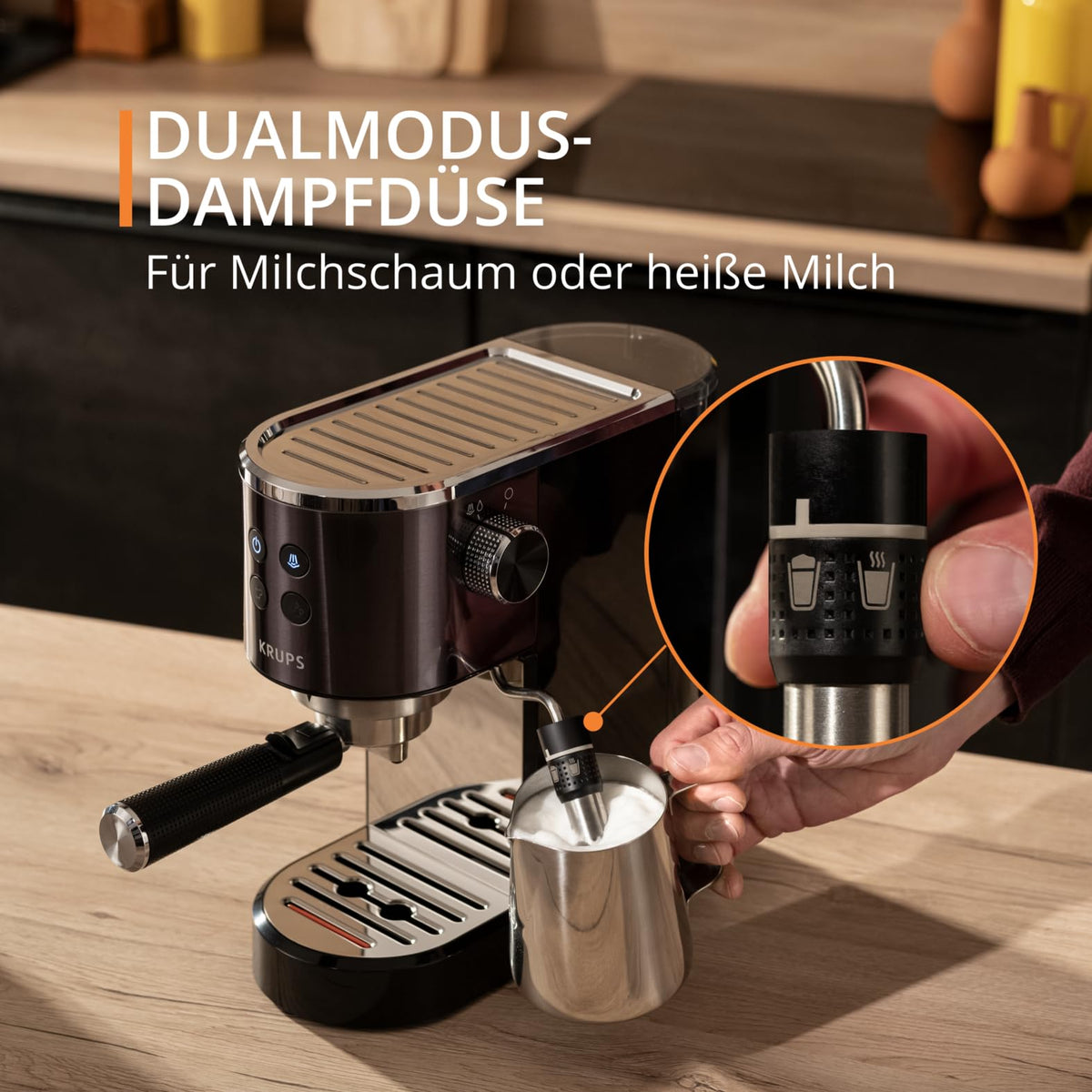 Krups Virtuoso+ Espresso Machine, 15 bar pump pressure, 3 crema filters, stainless steel steam nozzle, intuitive control panel, rotary knob, including dosing spoon and tamper, Black/Stainless Steel, XP444G